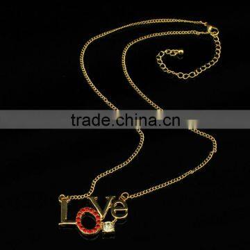 Wholesale fashion simple gold plated red rhinestone crystal letter love pendant necklace