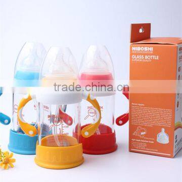 180ml food grade BPA free glass baby milk feeding bottle heat resistant custom logo glass baby feeding bottle manufacturer