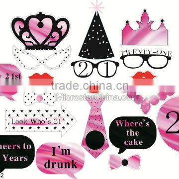 Happy 21st Birthday Photo Booth Props Girl Moustache Hats Crown Glasses on a Stick