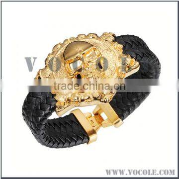 Gold stainless steel skull badge with genuine leather bangle for men