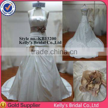 2014 hot sell crytal beaded on luxurious satin manual flower designer wedding dresses