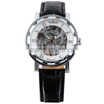 Luxury Mens White Silver Skeleton Black Leather Band Hand-Winding Mechanical Stainless Steel Case Wrist Watch