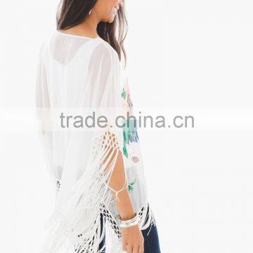 Women's Sheer Print Chiffon Tassels Poncho Tops photo-3