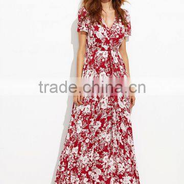 Woman Fashion Short Sleeve Floral Print Button Down Long Maxi Dress photo-3