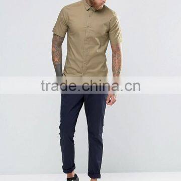 Plus Size Short Sleeve Point Collar Mens Pre-Shrunk 97% Cotton 3% Elastane Breathable Slim Fit Casual Khaki Solid Color Shirts photo-4