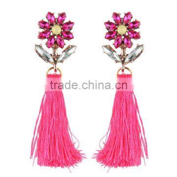 Bohemian Jewelry Rhinestone Flower With Long Colorful Tassel Charms Earrings for Women photo-6