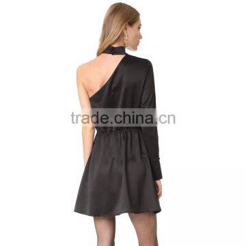 HAODUOYI Soild Black Sleeve Slope One Shoulder Women Dress Sashes Silm Long Sleeve Slit Botton Lady Mini Dress for Wholesale photo-4