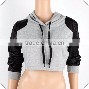 custom Women Casual Sports Tracksuits Wear Long Sleeve PU leather Crop Top Sweatshirt fashion Pullover hoodie Outfit wholesale