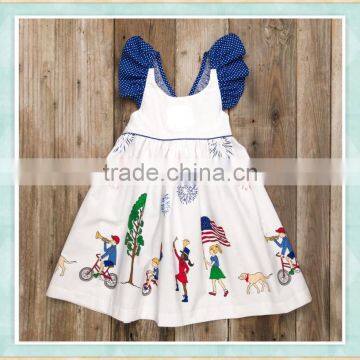 Baby frock design patriotic firework print pearl wholesale clothing dress for kids