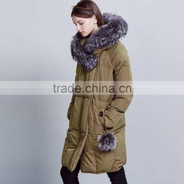 Women's Green Loose Fit Zipper-up Down Jacket/coat/wear With Fur Collar photo-2