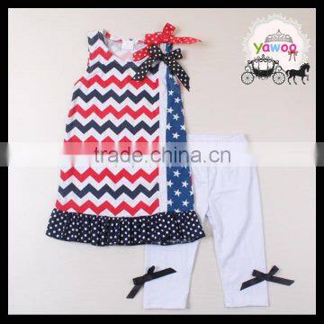 2016 yawoo red and navy blue chevron bow fourth of july girls outfits kids clothing wholesale