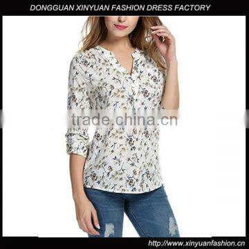 Women Casual V Neck Floral Print High Low Hem cotton Blouse Tops