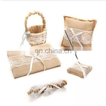 Lace Sackcloth design guest book /pen holder/ring pillow/flower basket set wedding favor dropship supplier