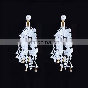 Lace Tassel Shineing Rhinestone Pendant Dnagle Drop Pearl Stud Earrings