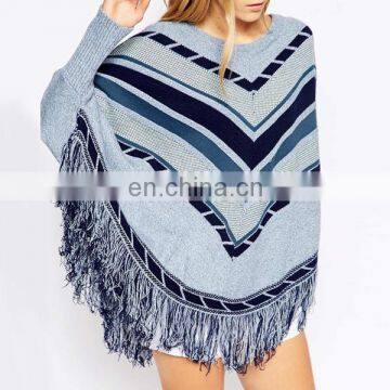 Fashion ladies Computer knitted sweater poncho with tassel hem for winter