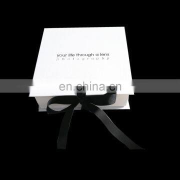 Branded rigid cardboard custom matt lamination box white with ribbon