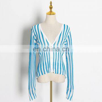 TWOTWINSTYLE Korean Striped Knitted Women Sweater V Neck Long Sleeve Tunic Slim Hit Color photo-3