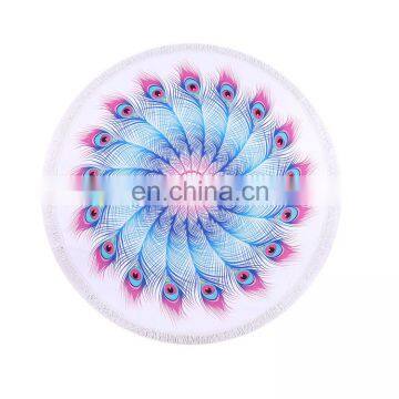 China Manufacturer Recyclable Peacock Feathers Printed Large Microfiber Towels Custom Round Beach Towel With Tassels