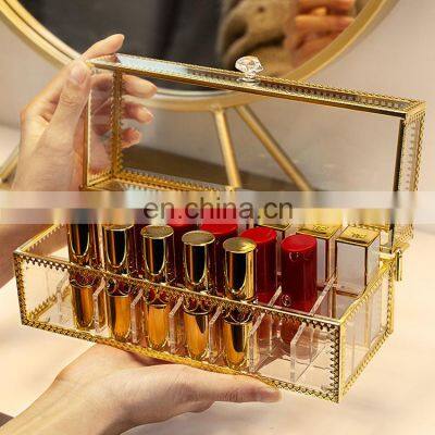 Storage Box Vanity Holder Case Lipstick Acrylic Jewelry Cosmetic Make up Makeup Organizer Gold Glass Clear Luxury Rectangle