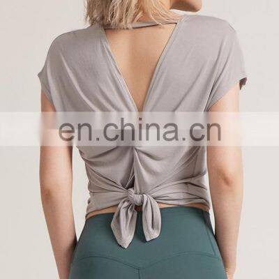 1 Pcs Custom Logo Split Back Design Modal Blouse Short Sleeve Breathable Yoga Shirt Women Casual Running Gym Wear Sports Top photo-4