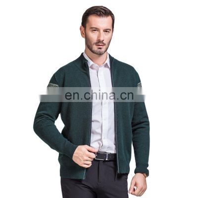 Men's Casual Merino Wool Cardigan Sweater Long Sleeve Jacquard Knitted Jacket with Crew Neck and Zipper Winter Season Wear