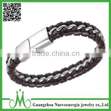 New Design Silver Stainless Steel Dark Brown Leather Braided Cuff Bracelet Mens Stainless Steel Magnetic Clasp Bangle