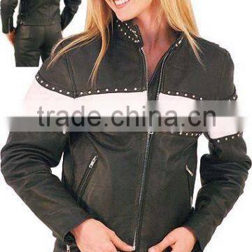 2015 New fashion Studded Leather Motorcycle Jacket with White Racing Stripe for womens