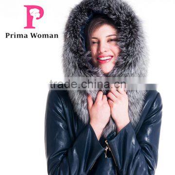 2015 New Design Women Leather Winter Jacket With Short Silver Fox Hat Overcoat photo-6