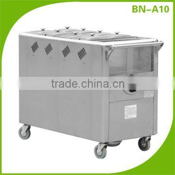 (BN-A10) Cosbao gas 8 pan porridge mobile trolley, food warmer trolley, stainless steel trolley