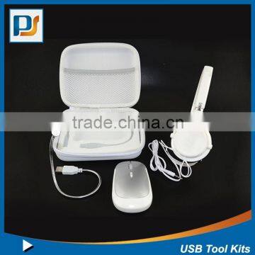 Laptop USB Travel Tool Kits with Wireless mouse Headset Earhphone and USB lights