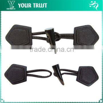 Black Leather Cotton Yarn Twist Cord Rhodium Metal Coat Leather Toggle Buttons photo-3