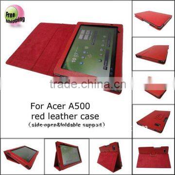 Red leather case for Acer ICONIA TAB A500(foldable & side-open),MOQ:300pcs fatory wholesale directly