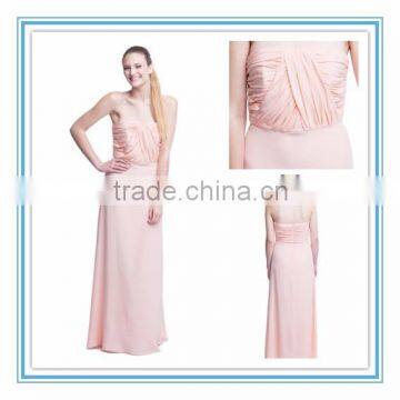 2015 Hot Sell Peach Pleated Bridesmaid Gown Strapless Bodice Floor Length Chiffon Bridesmaid Dress Patterns (LLKT-1003)