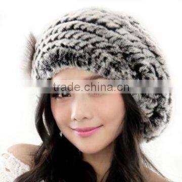 Winter Women's Rex Rabbit Fur Beret Hat with Fur Flower