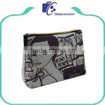 Custom women zipper canvas print cosmetic bag makeup bag organizer