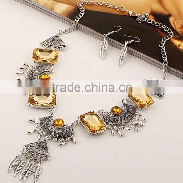 Women Girls Boho Gem Waterdrop Leaf Tassels Drop Necklace Earrings Set Jewelry