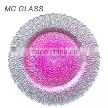 Wedding and Parties Use Pink Silver Peacock Design Glass Dinner Charger Plate