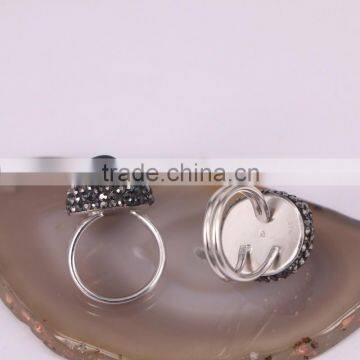 High Quality Sterling Silver 925 Black Druzy Stone Ring, Pave Crystal Jewery Carving Obsidian Buddha Ring