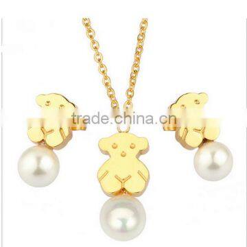 Fashion Stainless Steel Jewelry Bear earring with necklace pearl Jewelry Set