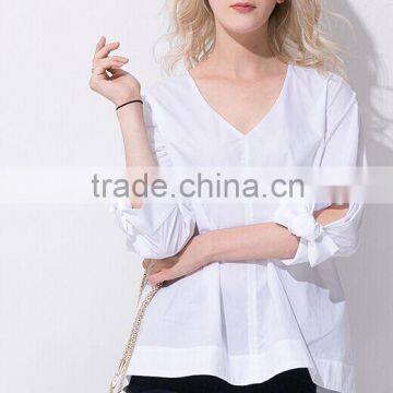 Pretty Steps 2016 new latest fashion autumn knitted blouse half sleeve V neck white color shirt