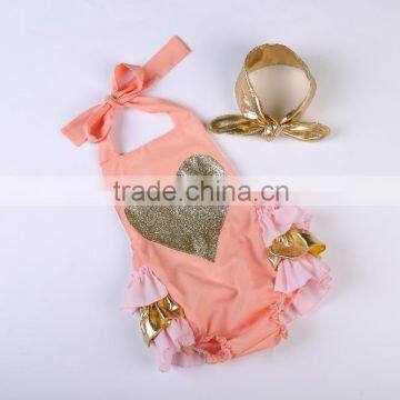 2016 Hot selling ruffle rompers set baby sparkle heart bubble romper with headhand boutique kids summer clothes jumpsuit