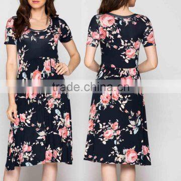 guangzhou bridesmaid dress Rayon ROSE PRINT ROUND NECK MIDI Dresses 2017 women summer dress