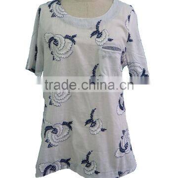 Floral Hand Embroidery Designs Round Collar Short Sleeve With Front Pocket Blouse Tunic Dress photo-4