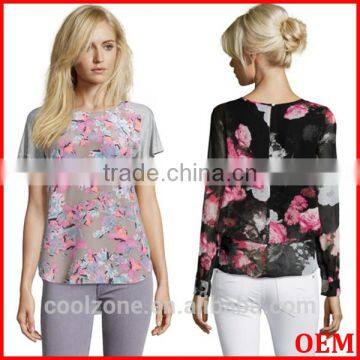 2015 Fashion short sleeve tropical flower print top wholesale custom t-shirt