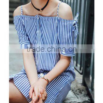 Dresses 2017 Summer Blue Stripe One off Shoulder Dress Lazy and Comfortable Fashion Summer Street Style Daily Dress photo-5