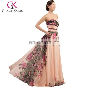 2015 Grace Karin Hot Sale Strapless Sweetheart Neckline Flower Floral Print Patterns Long Chiffon Bridesmaid Dress CL7503