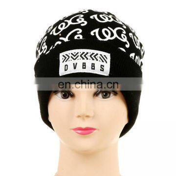 Fashion silver printed image winter acrylic beanie with woven label