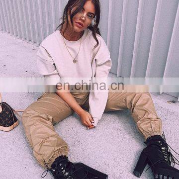 Crop Top 2020 Western Ladies Custom Logo Crew Neck Lantern Long Sleeve Raw Edge Cotton Blank Mujer photo-4