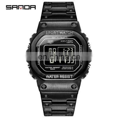 SANDA 390 Men Business Calendar Digital Watches Stainless Steel Week Display Back Light Waterproof Wristwatch