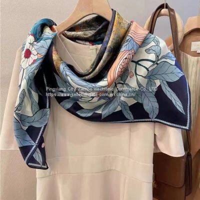 Oil Painting Flowers Silk Feels Soft Scarves Literature and Art Style High Quality 110*110CM photo-4